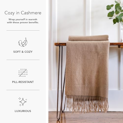 Fishers Finery 100% Pure Cashmere Fringe Throw, 445 GSM Weight, with Gift Box (Stone) - color: Warm Stone