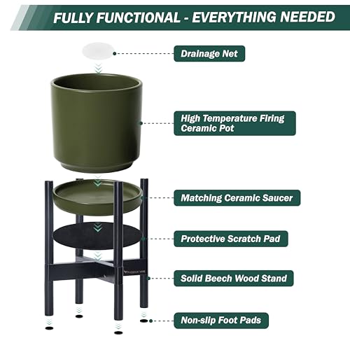 D'vine Dev Ceramic Planter with Ebony Stand - 8 Inch Modern Round Flower Pot with Wood Planter Holder, Olive, 55-B-M-J - color: Olive Pot + Ebony Stand, size: 8 Inch
