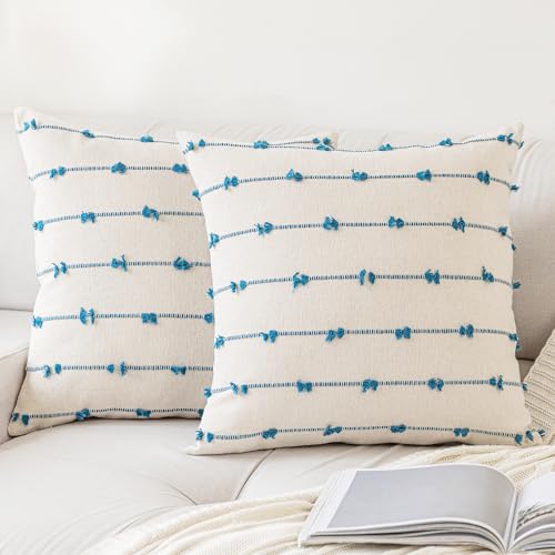 YEENAASY Boho Throw Pillow Covers 16x16 Set of 2 Modern Farmhouse Decorative Cushion Case Tufted Square Pillows Cover Neutral Pillow Cases Accent Pillowcase for Sofa,Couch,Bed,Beige and Blue - color: Beige and Blue, size: 16" x 16" (Pack of 2)