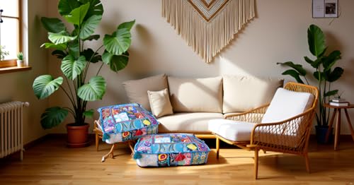CRAFT KALA Indian Square Patchwork Traditional Pouf Cover Indian Living Room Poufs Decorative Embroidered Designer Ottoman Home Living Footstool Chair Cover Decor Pillow Cover 18x18x5 inches, Sky Blue - color: Sky Blue, size: 18"D x 18"W x 5"H
