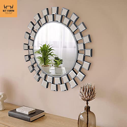 BST FURNH Sunburst Wall Mirror, 24 Inches Decorative Round Frameless Mirror for Living Room - color: Sunburst