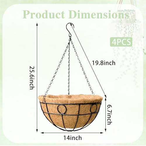 EIMQUVW Outdoor Hanging Planter(4-Pack) Black Metal Hanging Baskets with Coconut Fiber Lining 14 inch Round Chain Flower Pots for Patio Garden Greenery Decoration - size: 14 Inch, style: Circular