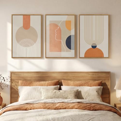 3 Piece Framed Abstract Boho Canvas Wall Art for Living Room, Large Mid Century Modern Geometric Line Prints Paintings, Neutral Minimalist Beige Orange Artwork Decor for Bedroom Entryway, 16x24 Inch - color: Beige Orange, size: 24" H x 16" W x 3Pcs