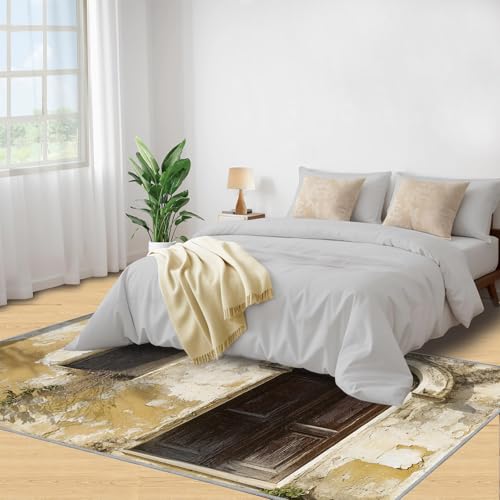 Worn Wall Area Rug 4x5 Washable Rug Distressed Art Rugs for Living Room Cracked Art Non Slip Carpet Floral Print Mat Bedroom Bathroom