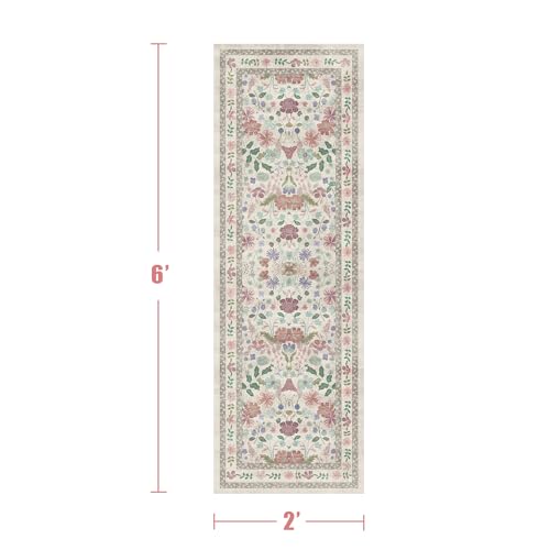 Deerly Floral Runner Rug 2x6 for Kitchen Hallway Bedroom Vintage Boho Washable Bathroom Runner Rugs Non-Slip Soft Low Pile Thin Indoor Carpet for Laundry Room Farmhouse Rug, Beige/Light Pink/Multi - color: Beige/Light Pink/Multi, size: 2' x 6' (Runner)
