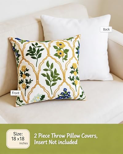Alysheer Spring Summer Floral Embroidered Decorative Throw Pillow Cover 18"x 18" Set of 2, Flower Leaves Embroidery Patterned Multicolor Cushion Case for Sofa Couch Living Room Bedroom Outdoor - color: - Blue Mustard, size: 18" x 18" (Pack of 2)