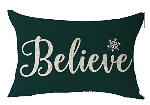 Merry Christmas Believe Snowflake Happy Winter for Family Cotton Linen Decorative Throw Pillow Cover Cushion Case Lumbar 12''X20''inches - color: Green Believe