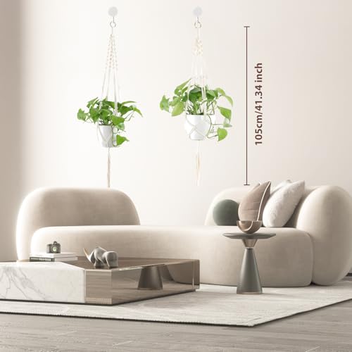 Macrame Plant Hanger Indoor Hanging Planter Basket with Wood Beads Decorative Flower Pot Holder No Tassels for Indoor Outdoor Boho Home Decor 35 Inch, Ivory (Pots Not Included) - style: Style1-1 Pack
