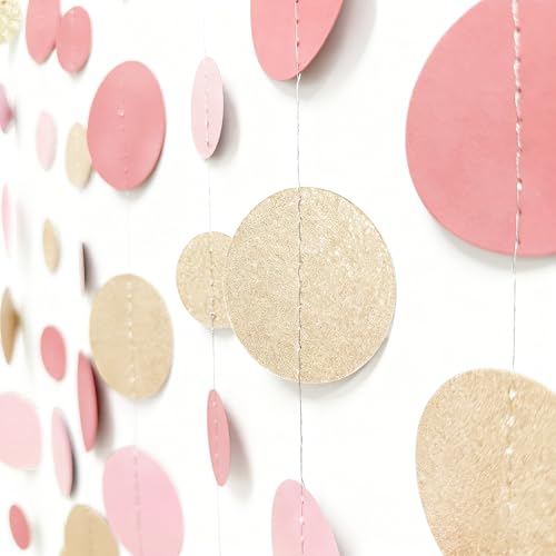 Champagne Gold Rose Pink Polka Dot Garland Champagne Dusty Pink Circle Dot Hanging Streamer Banner for Birthday Baby Shower Bridal Shower Wedding Engagement Retirement Boho Party Decorations Supplies - color: Dusty Pink Champagne