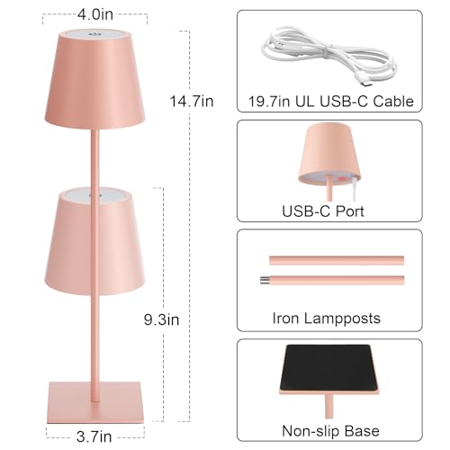 Kakanuo Pink Cordless Rechargeable Table Lamp 5000mAh Battery Operated Lamps, 3 Colors Stepless Dimming Touch Lamp for Living Room, Kitchen Counter, Dining, Outdoor Patio, 2 Pack - color: Pink, size: 2 Pack 14in - Up and Down Light