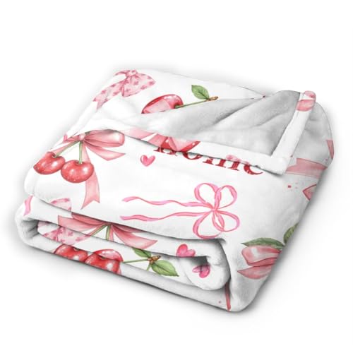 Pink Cherry Throw Blanket, Summer Fruit Retro Red Ribbon Sweet Home Seasonal Warm Cozy Farmhouse Flannel Soft Blanket for Couch Chair Sofa Bed Bedroom Living Room Car Camping 30"x 40" - color: Cherry01, size: 30X40 inch