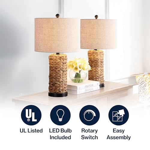 JONATHAN Y 25" Natural Coastal Water Hyacinth Table Lamp Set of 2, Bedside Lamp with Light Grey Linen Shade, Boho Farmhouse Decor for Living Room Nightstand, LED Bulbs JYL6502A-SET2 - color: Natural