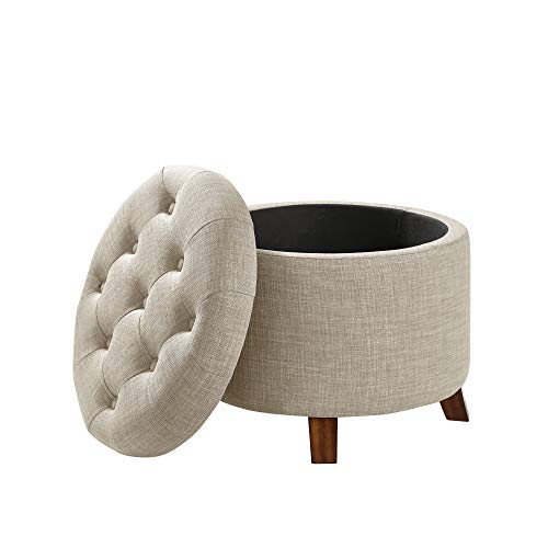 Amazon Basics Round Storage Ottoman Foot Rest, Button Tufted Upholstered Footstool with Storage, Sturdy Linen Fabric for Living Room and Bedroom, 20" x 17", Beige