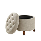 Amazon Basics Round Storage Ottoman Foot Rest, Button Tufted Upholstered Footstool with Storage, Sturdy Linen Fabric for Living Room and Bedroom, 20" x 17", Beige