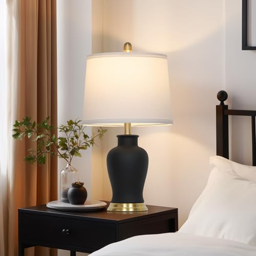 23" Modern Black Ceramic Table Lamps Set of 2, Farmhouse Table Lamps for Living Room, Classic Bedside Lamp with Ginger Jar Design, Elegant Bedroom Lamp for Night stand Desk Side End Table Home Decor - color: Black