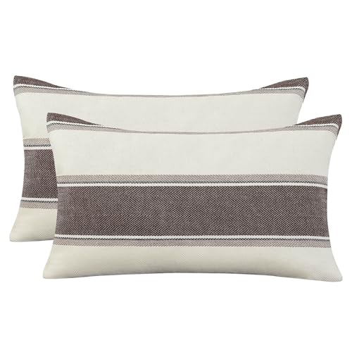 AmHoo Pack of 2 Farmhouse Linen Throw Pillow Cover Cushion Stripe Decoration Buffalo Retro Pillowcase with Hidden Zipper for Sofa Bedroom Car 12 x 20 Inch Brown - color: Brown, size: 20" x 12" (Pack of 2)