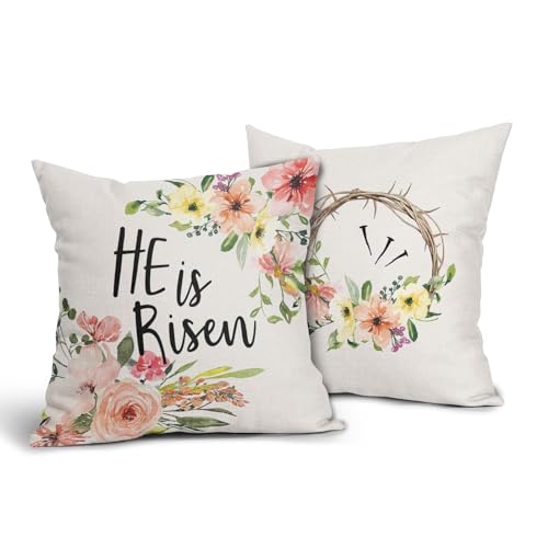 He is Risen Easter Religious Pillow Covers 16x16 Inches Colorful Flowers Throw Pillow Case Set of 2 Easter Spring Pillow Cover Cotton Linen Cushion Cover for Home Couch Sofa Bedroom Livingroom - color: He is Risen231123, size: 16" x 16" (Pack of 2)