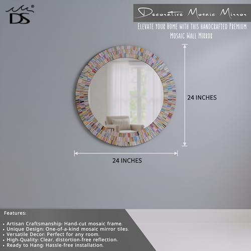 24" Round Rainbow Mosaic Wall Mirror, Multicolor Glass Tile Frame, Bohemian Decorative Accent Mirror for Living Room, Bathroom, Bedroom, Entryway, Wall Mount - color: Rainbow Multicolor