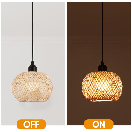 Boho Pendant Light Battery Operated,Rechargeable Woven Pendant Light with Remote,Rattan Pendant Light Fixtures for Kitchen Island,Wicker Hanging Lights for Dining Room Bedroom Hallway Entryway. - size: 7.87 in