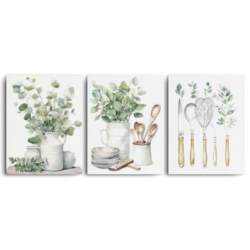 3 Pcs Botanical Plant Canvas Wall Art, Aesthetic Boho Wall Decor Framed Prints for Bedroom Living Room Decor, Sage Green Eucalyptus Leaf Tableware Prints for Office, Housewarming Gifts 11.5x15 Inch - color: Multi 1365