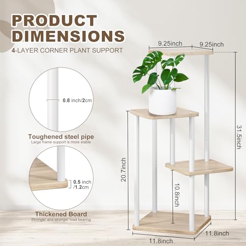 4 Tier Plant Stand Indoor, Thickened Metal Wood Corner Plant Shelf Stands for Multiple Plants, Indoor Tall Plants Stand Tiered Flower Holder for Living Room Patio Garden Balcony(White+Oak) - color: White+Oak, size: 4 Tier