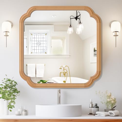 Ferytane Square Natural Wood Mirror 24X24 Inch,Wood Mirror for Bathroom Over Sink Rounded Corner Wooden Framed Mirror for Vanity, Entryway, Living Room Farmhouse, Tempered Glass (Natural Beech Wood) - color: Natural Wood, size: 24"L x 24"W