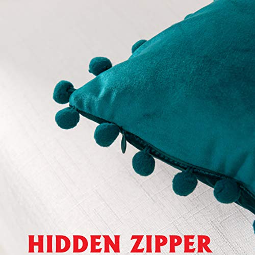 Elegant Comfort POM-POMS Fringe Velvet Cushion Covers Set of 2, Velvet Soft Solid Decorative Square Throw Pillow Covers Set Cushion Case for Couch Bed, Livingroom 18 x 18 Inch (45 x 45 cm), Teal - color: Teal, size: 18" x 18" (Pack of 2)