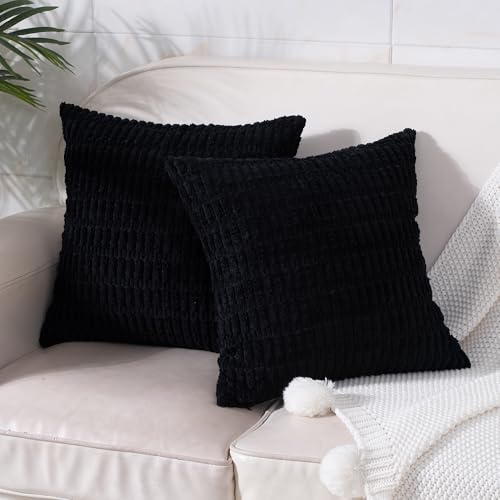 Pack of 2 Corduroy Decorative Throw Pillow Covers 16x16 Inch Soft Boho Striped Pillow Covers Modern Farmhouse Home Decor for Halloween Sofa Living Room Couch Bed Black - color: Black, size: 16" x 16" (Pack of 2)