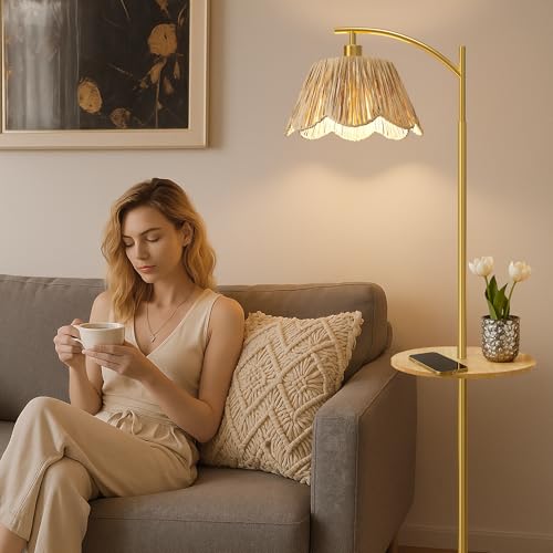 Oneach Floor Lamp with Table for Bedroom, Boho Standing Lamps with Foot Switch, Farmhouse Floor Lamp for Living Room, Arc Rattan Lamps with Gold Metal Base & Pole, Ideal for Home Décor - color: Gold and Wood