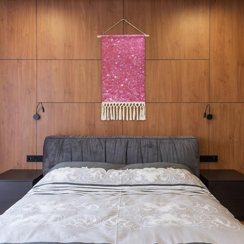 MUSM Boho Wall Hanging with Tassels - 10x19.6 Inch Cotton Linen Tapestry Art Print, Wood Frame & Hanging Rope, Sparkling Pink Glitter Poster for Living Room, Bedroom, Hallway Decor