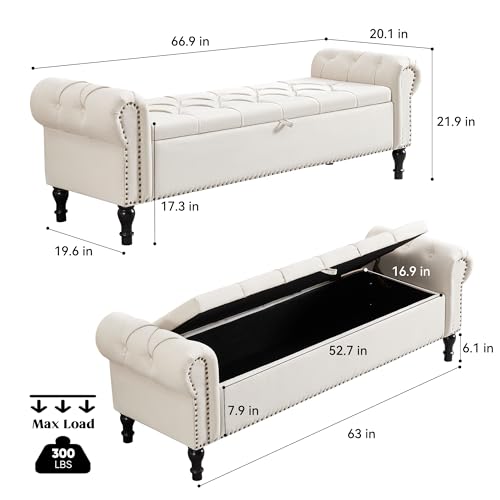 67 Inch Storage Bench for Bedroom, King Size End of Bed Bench, Upholstered Bench with Rolled Arms, Linen Tufted Button Storage Ottoman Benches, Living Room, Entryway, Beige - color: Beige, size: 67inch-linen