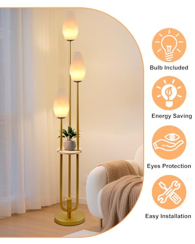 Gold Floor Lamp with Tray, 3-Lights Dimmable Floor Lamps with Rock-Shaped Shade, Unique Candle Holder Style Modern Tall Standing Lamp with 5Lbs Heavy Base for Living Room/Party(Bulbs Included) - color: 3 Rock-Gold
