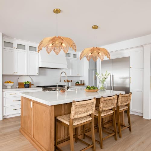 3-Light Rattan Boho Chandelier for Dining Room,24" Hand Woven Wicker Coastal Hanging Pendant Light for Kitchen Island Bedroom Living Room - size: 23.6″Flower