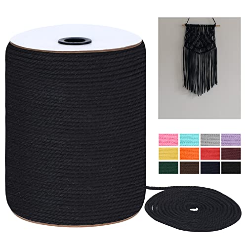 Macrame Cord 5mm x 165Yards, Natural Cotton Macrame Rope - 3 Strands Twisted Macrame Cotton Cord for Wall Hanging, Plant Hangers, Crafts, Gift Wrapping and Wedding Decorations, Black - color: Black, size: 0.20 in x 165 yd