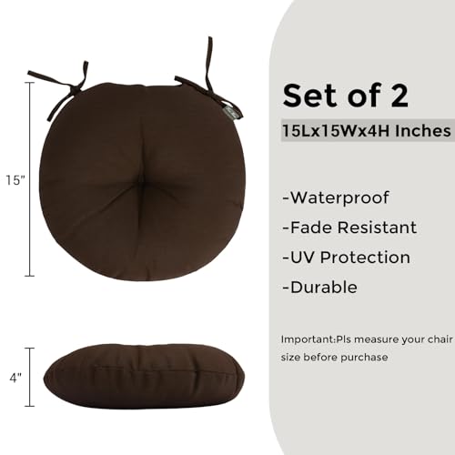 Bistro Chair Cushions 15 inch,Set of 2,Tufted Round Chair Cushions with Ties,15"x15"x4",Water Resistant Round Seat Cushion for Barstool Chairs,Patio Garden Kitchen Outdoor Furniture(Chocolate Brown) - color: Chocolate Brown, size: 15"x15"