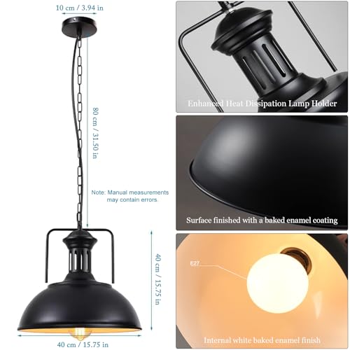 Vintage Industrial Pendant Lights E26 Retro Metal Hanging Lights, Farmhouse Hanging Lamp for Restaurant Kitchen Island Black 40 cm (Bulb not Included)