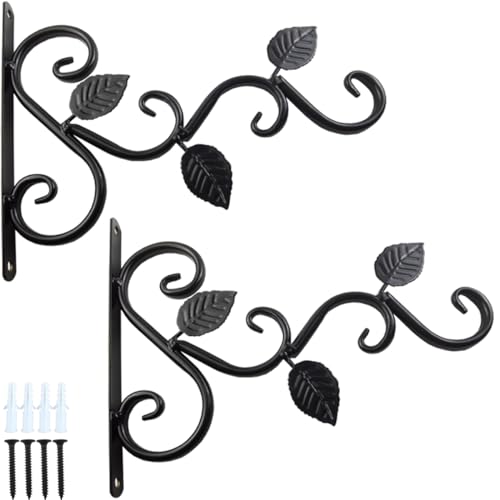 TIHOOD 2PCS Wall Hook Hanging Plant Brackets, Metal Plant Bracket Iron Wall Mount Leaf Black Hangers for Hanging Bird Feeders, Lanterns, Wind Chimes, Planters, Outdoor Decoration Hooks