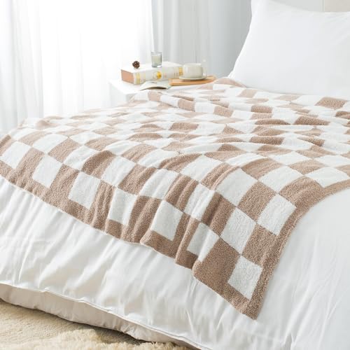 Carriediosa Checkered Throw Blanket 50" X 60", 400GSM Ultra Soft Microfiber Fuzzy Fluffy Reversible Cute Preppy Knitted Blankets Cozy Plush Fall Throws for Couch, Bed, Sofa, Taupe - color: Check - Taupe, size: 50" X 60"
