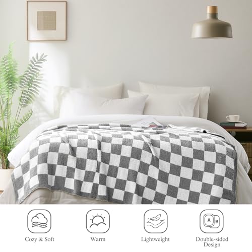 Checkered Throw Blanket, Light Grey Soft Cozy Fluffy Knitted Throw Blankets for Couch, Sofa, Bed, Chair, Warm Fuzzy Travel Picnic Lightweight Plaid Blanket, 60x80 inches - color: Light Grey, size: 60×80 Inch