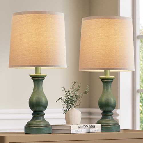 Seealle Farmhouse Table Lamps Set of 2 - Rustic Lamp for Bedroom Living Room, 22" Boho Bedside Lamps for Night Stands End Table Office Desk Lamp Nightstand with Linen Shades(Antique Green) - color: E. Antique Green