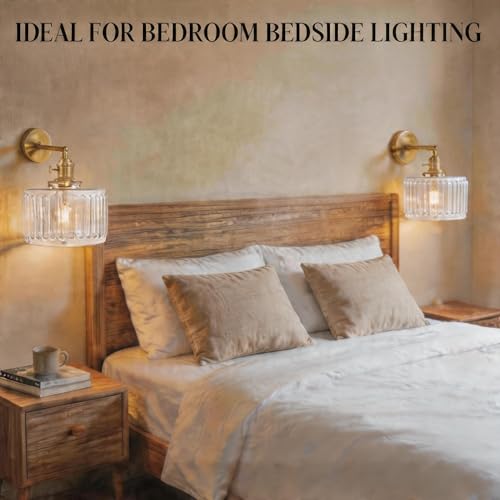 2 Pack Vintage Wall Sconces, Striped Glass Shade Wall Lamp with 2 Natural Light Bulbs, Hardwired Design with Rotary Switch, Decorative Light for Bedroom Hallway Living Room - color: Clear 2pcs Ribbed Glass Wall Light