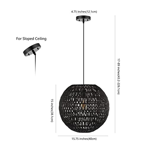 JONATHAN Y 15.75" Black 1-Light Modern Bohemian Woven LED Pendant Light, Adjustable Hanging Ceiling Lamp for Kitchen Island Dining Room, Paper Wicker Shade, Bulb Included (JYL6503C) - color: Black