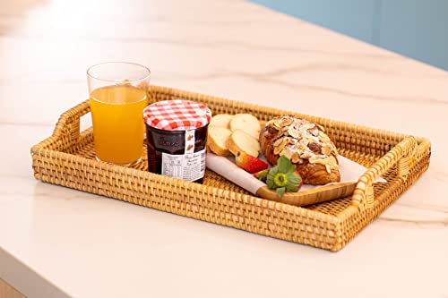 Rattan Serving Tray, Rectangular Woven Tray, Natural Wicker Decorative Serving Baskets for Organizing Tabletop Bathroom Kitchen Counter (Rattan with Handles) - color: With Handles (14.6'' X 10 '')