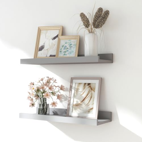 Floating Shelves for Wall Decor, Wall Mounted Wood Storage Shelf for Bedroom, Living Room, Bathroom, Kitchen, Nursery, Display Picture Ledge Shelf with Lip Set of 2-14 Inches, Grey - color: Grey, size: 13.6in
