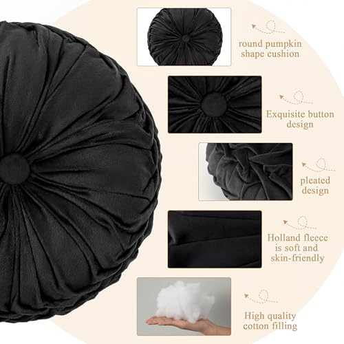 Drydiet 1 Pcs Round Throw Velvet Pillows Decorative Pleated Throw Pillows Diameter Accent Pumpkin Boho Chair Cushion for Couch Sofa Home Decoration (Black,15'') - color: Black, size: 15''