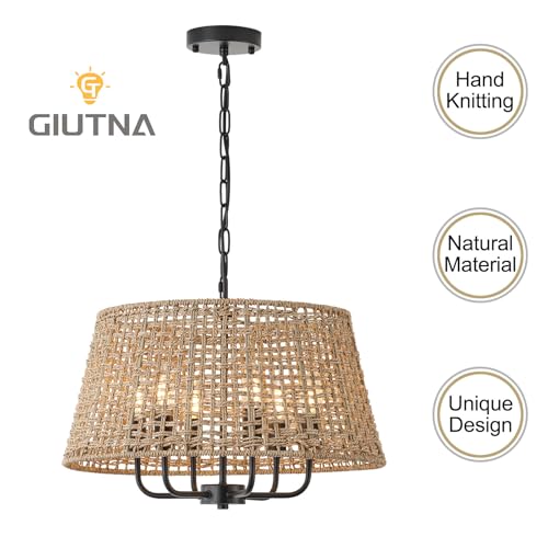 20"Rattan Large Boho Chandelier Ceiling Light Fixture, 6-Light Farmhouse Wicker Hand-Woven Chandelier Rattan Ceiling Pendant light Fixture for Dining Room Bedroom Hallway Kitchen Island(Black) - color: Black 6-Light 20" T-Shape