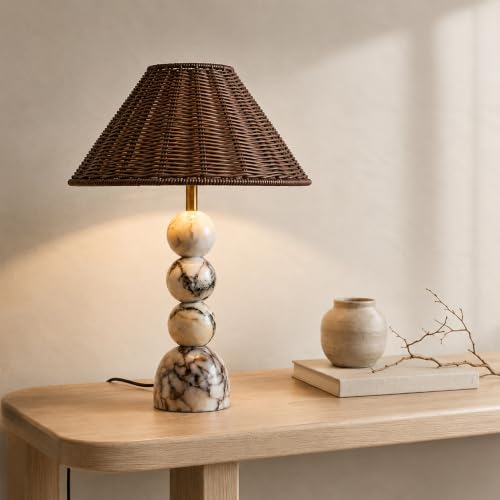 Calacatta Marble Table Lamp with Hand-Woven Rattan Shade, Vintage Stone Lamp with 3 Color Temperatures, Luxury Light for Bedroom Living Room - size: 20.4in