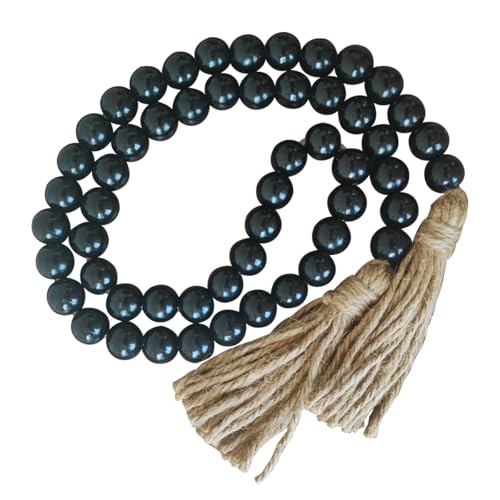 Boho Decor Wood Beads Garland Farmhouse Wall Hanging Decorations Natural Wooden Bead Tassel Decorative for Coffee Table Christmas and Prayer (Black, 39") - color: Black, size: 39"