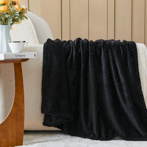 NEWCOSPLAY Super Soft Queen Blanket Black Premium Silky Flannel Fleece Leaves Pattern Lightweight Bed Blanket All Season Use (Black, Queen(90"x90")) - color: Black, size: Queen(90"x90")