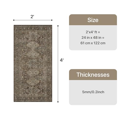 Bavni Washable Rug 2x4, Non Slip Small Runner for Entryway, Kitchen or Bathroom, Vintage Print Thin Low Pile Indoor Carpet, Brown - color: Brown, size: 2' x 4' (Rectangular)